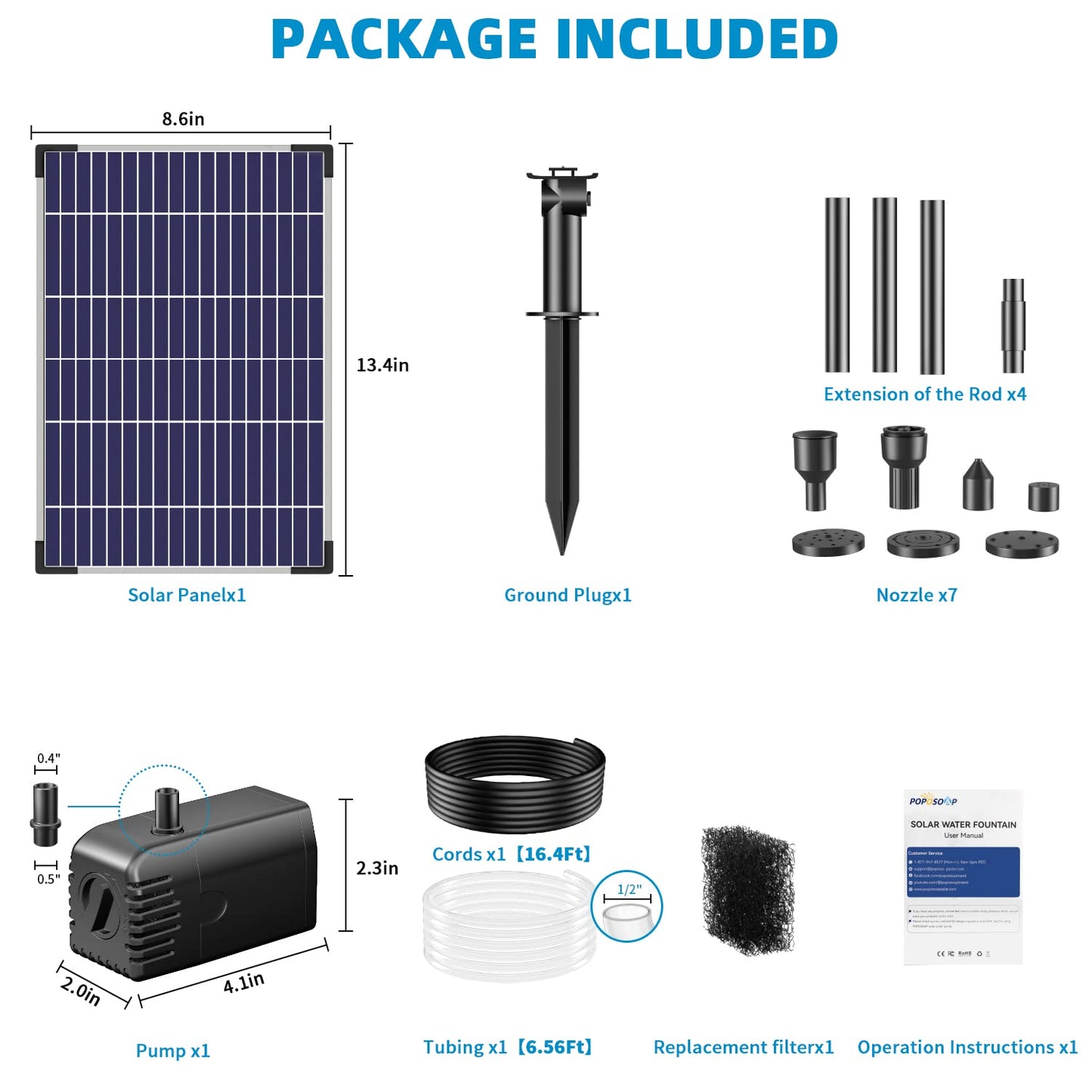 POPOSOAP Solar Water Fountain Pump, 12W Solar Water Pump with Dry Run, Solar Powered Water Pump with Clear Tubing & 17Ft Cord Length for Ponds, Fish Tank, Garden, Waterfall, Hydroponics