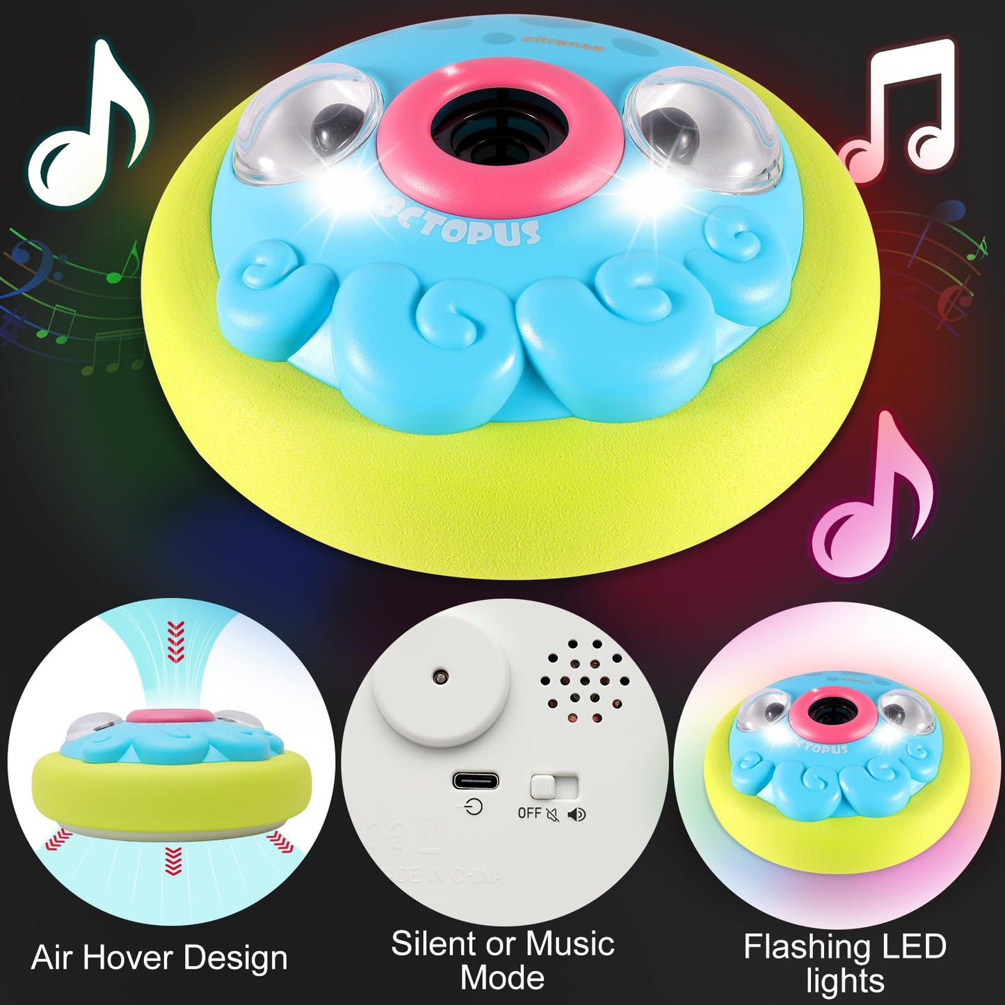 Hover Soccer Ball for Kids,Rechargeable Air Floating Football,LED Lights,Soft Foam Bumpers,Octopus,Christmas Birthday Gifts,Indoor Outdoor Toy Games for Boys girls Age 3+4,5,7,9,10,11 Year Old,6-8-12