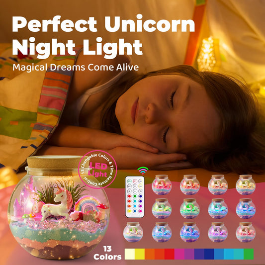 JOYEEMAX Unicorn Light-Up Terrarium Kit for Kids - LED Night Light Birthday Gift for Girls Ages 4 5 6 7 8-12 Year Old - Unicorn Toys for Girls - DIY Arts and Crafts Kit for Kids
