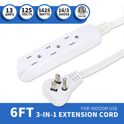 GOMEN 6 Feet Indoor Extension Cord with 3 Outlets, AWG 16/3 Angled Flat Plug Power Strip, 3 Prong Grounded, 13 Amps - 1625 Watts - 125 VAC, White, 4 Pack