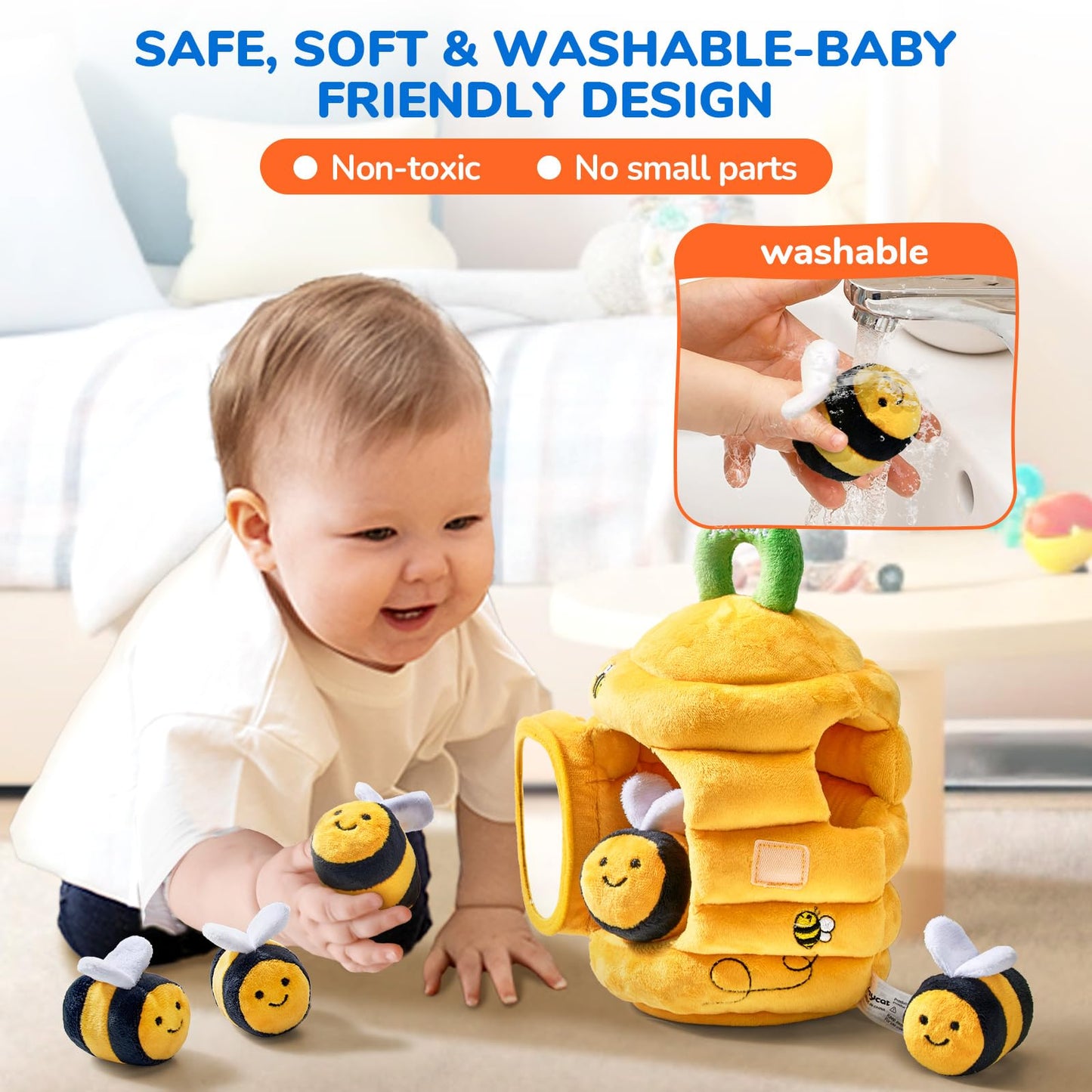 JoyCat Mystery Soft Box+Soft Baby Beehive with 5 Soft Sensory Bees - Honeybee Plush Toy for 0-12 Months - Rattle, Crinkle Paper, Squeaker, Mirror, Busy Toy for Babies 6-12 Months, 0-3 Years Old