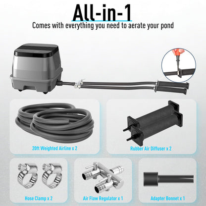 AquaMiracle Koi Pond Aerator Pond Air Pump for Outdoor Ponds 5000-10000 Gallons, All-in-One Aeration Kit with Self-Sinking Airline Flow Control Rubber Air Diffuser