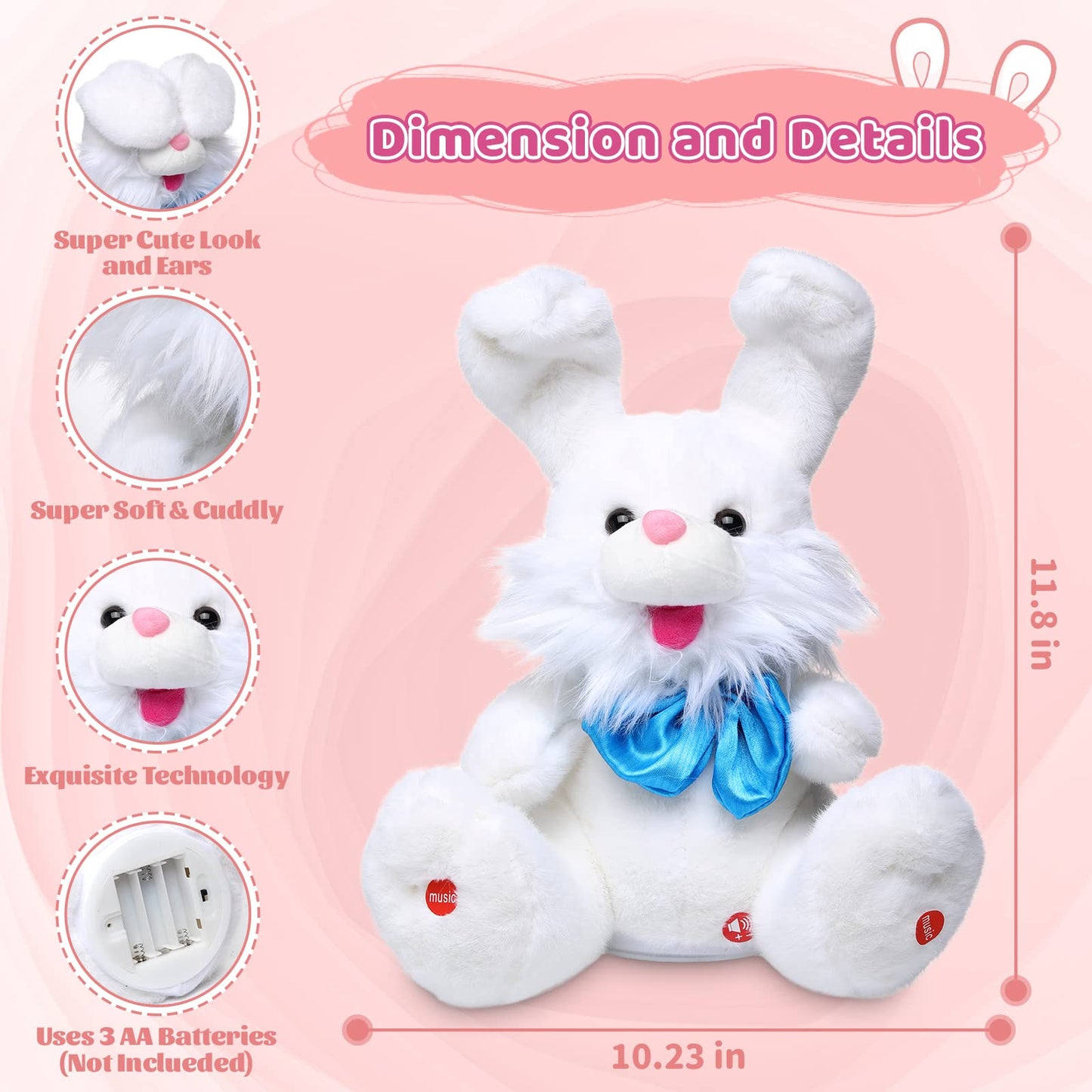 Emoin Easter Bunny Stuffed Animals Bunny Plush Baby Toys Bunny Peek-A-Boo Toys Repeats What You Say Singing with Floppy Ears Birthday Gift for Toddler 7 8 9 10 11 Months 1-2 Year Old（White）