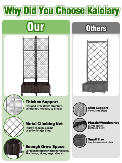 Kalolary 170CM Raised Garden Bed with Metal Trellis, Large Plastic Planter Box with Drainage Hole on Wheels Tomato Planters Climbing Trellis Outdoor Indoor for Climbing Plants Vegetable Flowers Vine