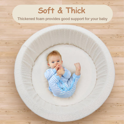 MEOGETY Baby Ball Pit with 5 Hanging Toys & Removable Play Arch for Toddlers Soft Foam Activity Center for Girls Boys Great Gift, Easy to Assemble & Clean, Teddy White