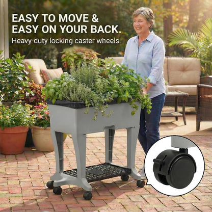 EarthBox Raised Garden Bed with Legs – Elevated Self Watering Planter Box with Wheels, Storage Shelf, Premium Plant Food, Easy Assembly, Made in USA, Gray