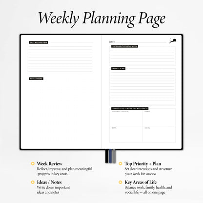 Daily Planner, Calendar & Life Organizer to Improve Time-Management, Productivity & Happiness | Vegan Leather Hardcover Notebook with Blank Dates, Undated 6 Months Hourly Planner for Men & Women, 24 Hour Agenda (Black)