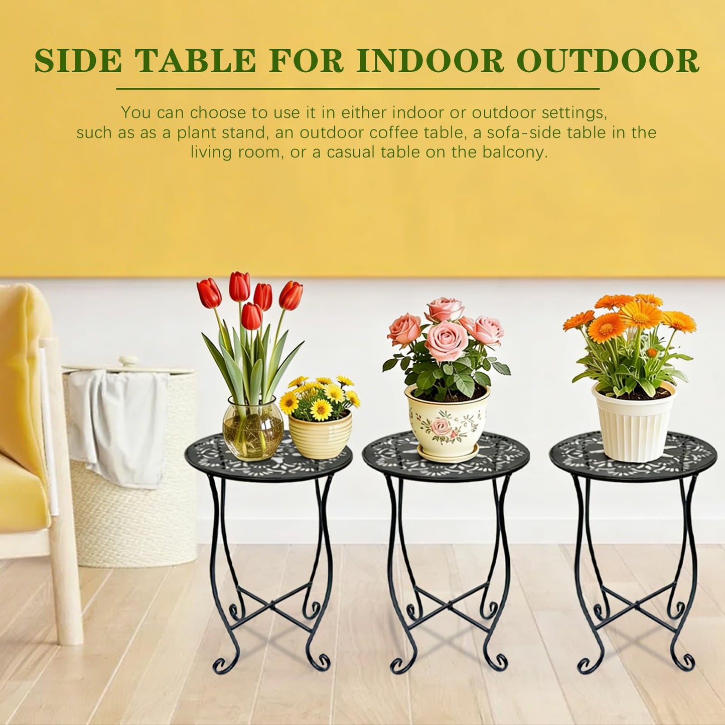 Arbuxzuy 3 Packs 17" Tall Round Metal Outdoor Side Tables for Patio, Decorative Black Flower Pot Stand, Rustproof Potted Holder, 120 lbs Load Capacity