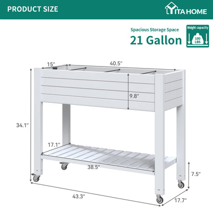 YITAHOME Raised Garden Bed Outdoor 43.3x17.7x34 in Raised Planter Box with Legs, Drain Plug and Storage Shelf, Elevated Planter Box for Plants Vegetables Flowers Herbs, White