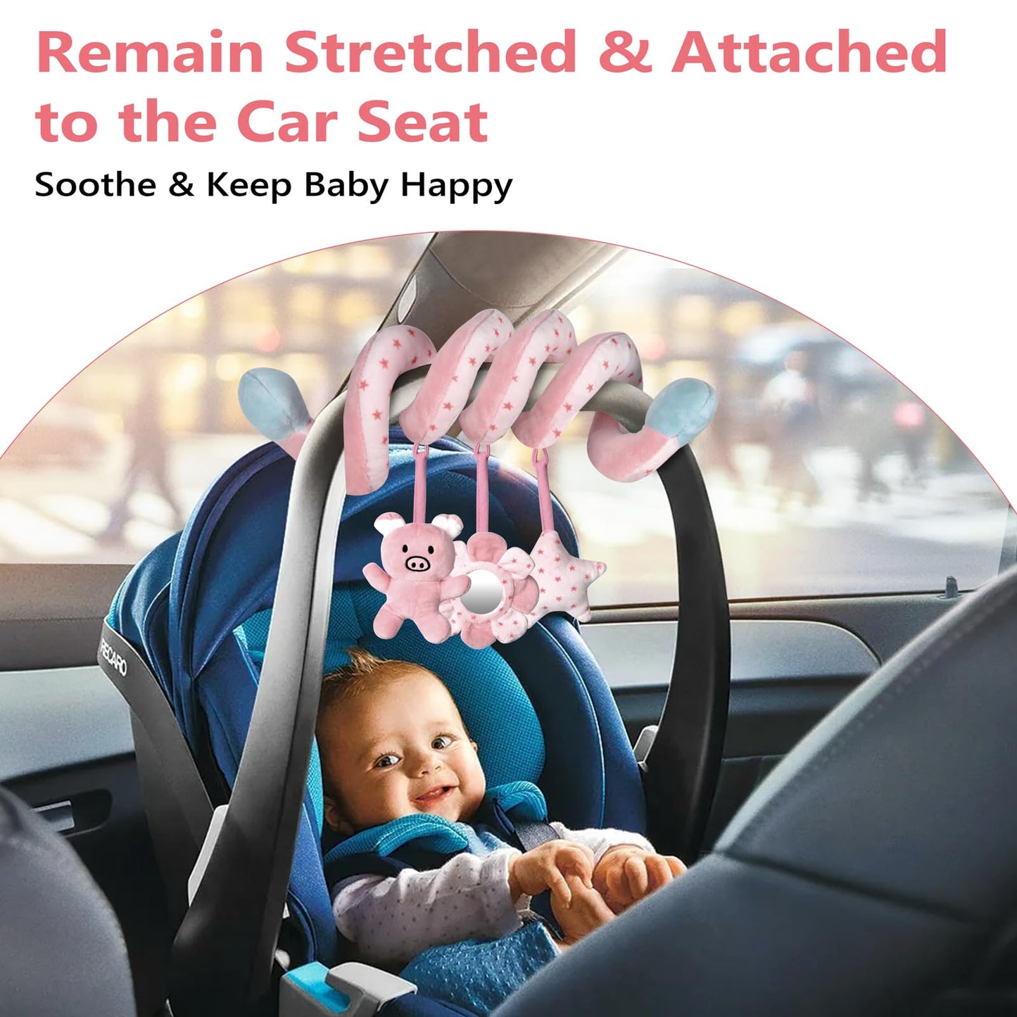 SAMMAS Car Seat Toys, Infant Baby Pink Pig Spiral Activity Hanging Toys Stroller Toys for Car Seat Stroller Bar Crib Bassinet Mobile with Mirror BB Squeaker and Rattles