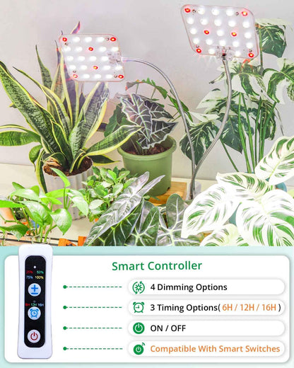 DOMMIA Plant Light, Dimmable Desk Clip on Plant Light for Indoor Plants with 6/12/16h Timer, Gooseneck Grow Lamps, Full Spectrum for Seeding, Succulent, Potted Plants, 2-Head