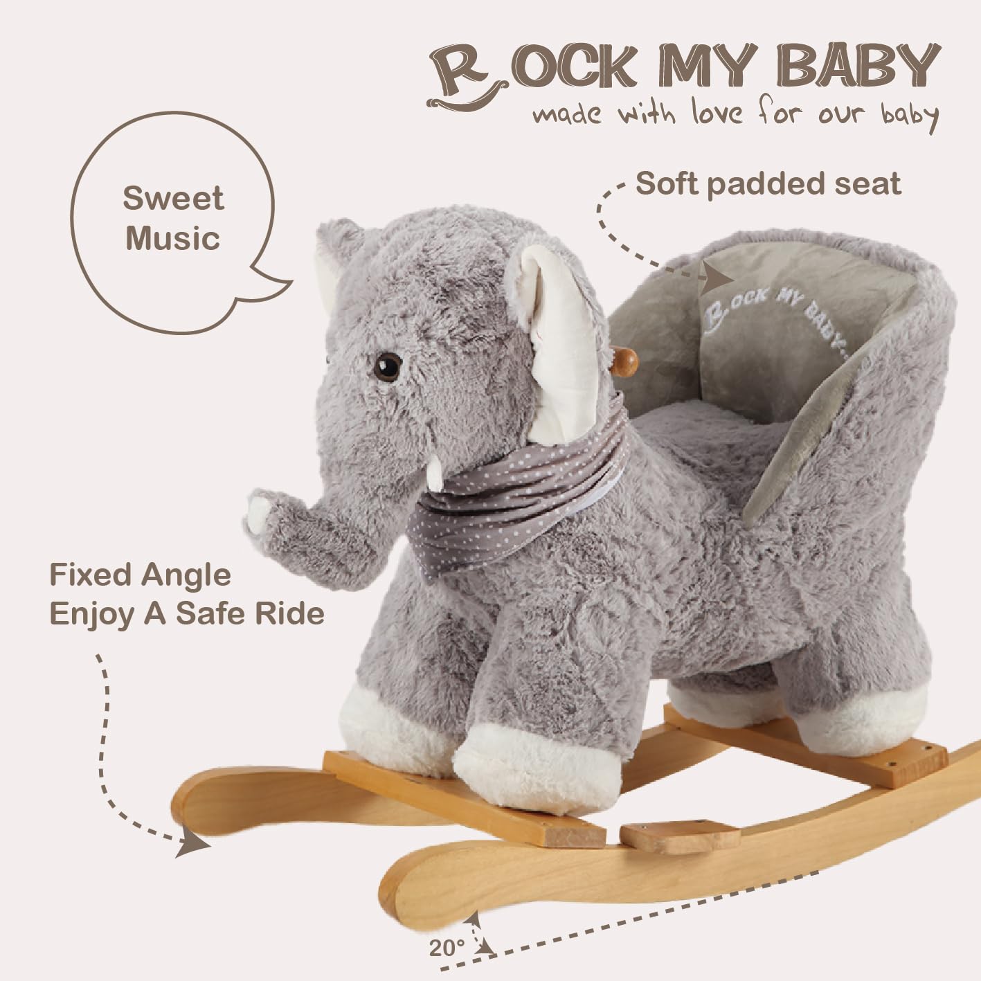 Baby Rocking Elephant, Plush Toddler Rocker with Music & Safety Seat, Sturdy Wooden Ride-On Toy for 1-3 Years, Soft Animal Rocking Horse, CPC Certified (Gray Elephant)