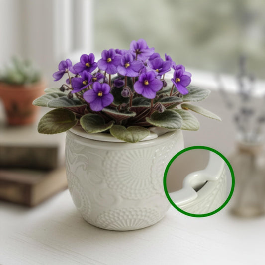 HERDUK 6.5” Ceramic Self Watering African Violet Planter with Embossed Floral Design – Durable Indoor Plant Pot for Orchids, Succulents, and Houseplants