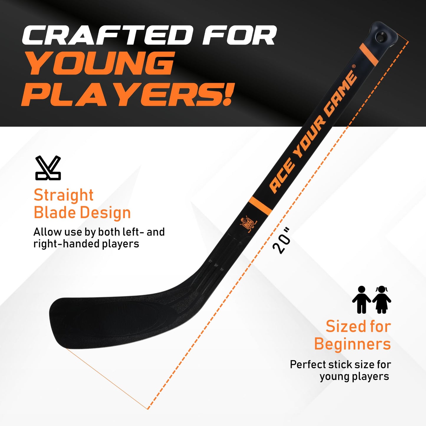 ACE HOCKEY - Shinny Hockey Set - Complete 2-Player Indoor/Outdoor Kit - Knee Hockey Goal Set (1) Goal, (2) Mini Sticks, and (4) Foam Balls - Mini Hockey Set