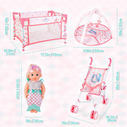 deAO Baby Doll Stroller Playset,5-in-1 with 12-inch Doll Included,Foldable Stroller,Crib Bed & Play Mat - Fits 12 14 Inch Dolls,Pink Travel Toy Set for Toddlers Girls Boys