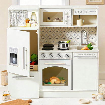 Tiny Land Play Kitchen for Kids, Upgraded Wooden Kitchen Toy with Complete Play Areas, Pretend Cooking Set with Sink, Stove, Microwave, Toy Coffee Station & Storage for Kids Ages 3+