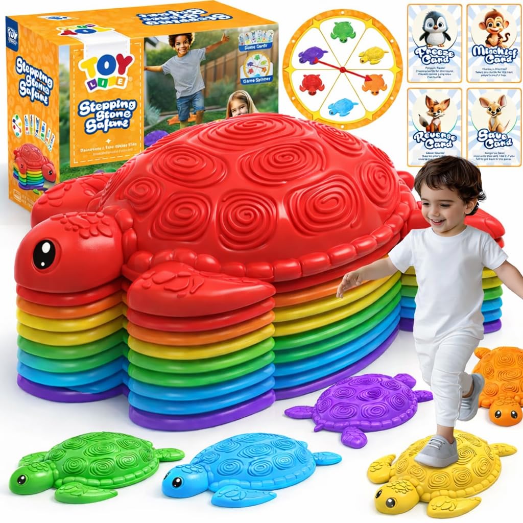 TOY Life 10 Pcs Turtle Balance Stepping Stone for Kids, Indoor Outside Toys for Kids Ages 4-8, Toddler Outdoor Toys, Stepping Stones Game, with Cards and Spinner