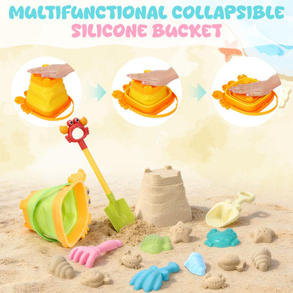 Guiqulai Summer Beach Toys Set for Kids Collapsible Sand Bucket Shovels Crab Molds Mesh Bag Outdoor Sandbox Water Play Toys for Boys Girls Travel Essential