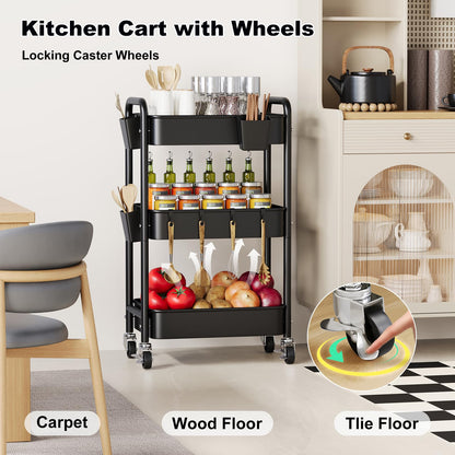 3 Tier Rolling Cart Metal with Wheels, Black Three Tiered Art Cart Organizer on Wheels, Storage Utility Trolley Carts for Kithcen, Craft, Nail, Lash, Makeup, Salon,Bedside, Bathroom, Office, Snack
