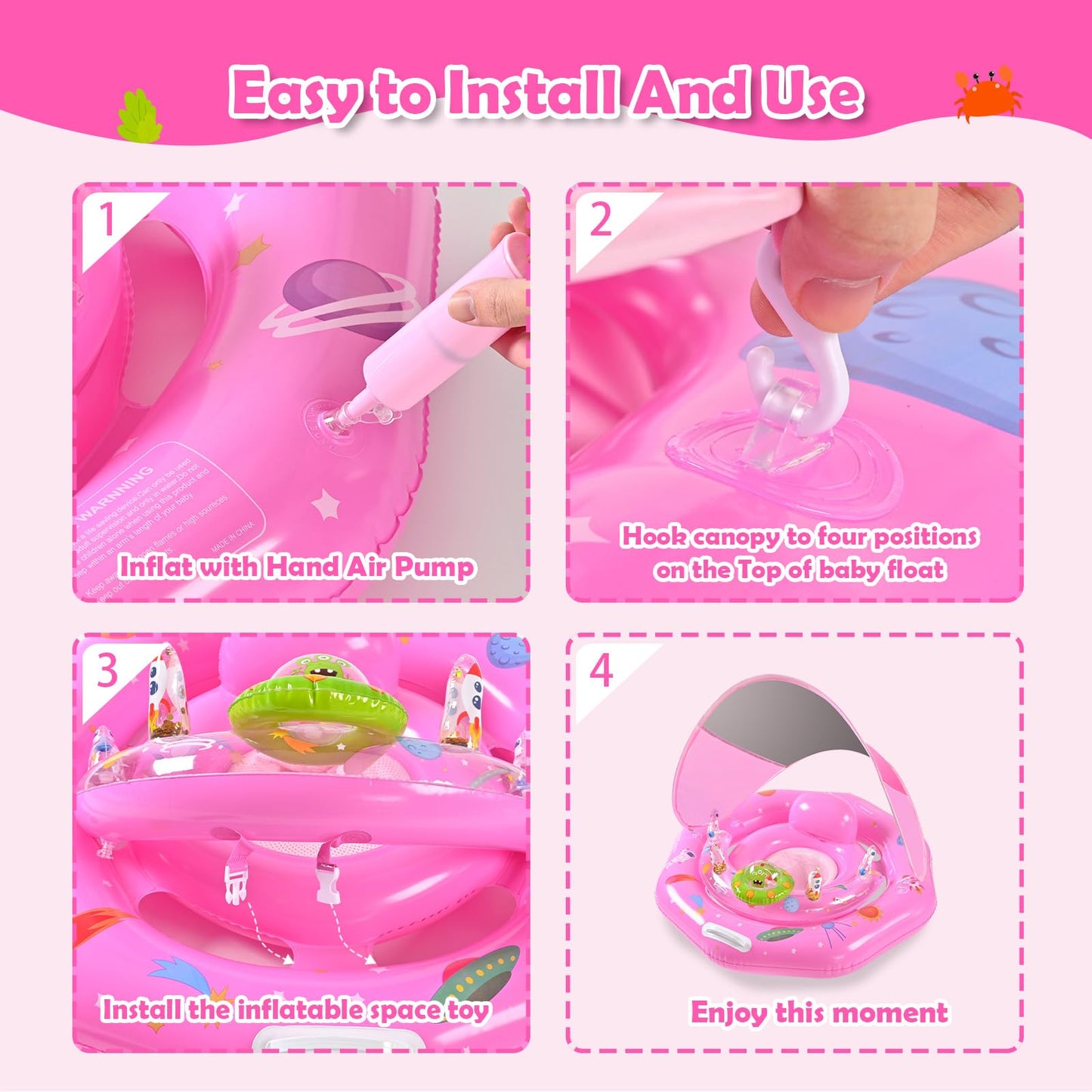 Baby Pool Float with Canopy UPF50+ Sun Protection, Inflatable Infant Pool Float with Adjustable Safety Seat & Toy Play Console，Baby Floatie for 6-36 Months Boys & Girls，Safety Handles & Leashes（Pink）