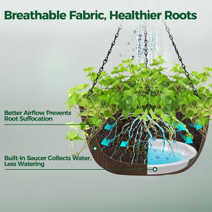 T4U Hanging Planters for Outdoor Plants, 10 Inch 4 Pack Fabric Hanging Baskets with Drainage Tray, Decorative Hanging Pots for Plants Outdoor Patio Porch Garden Use（Brown）