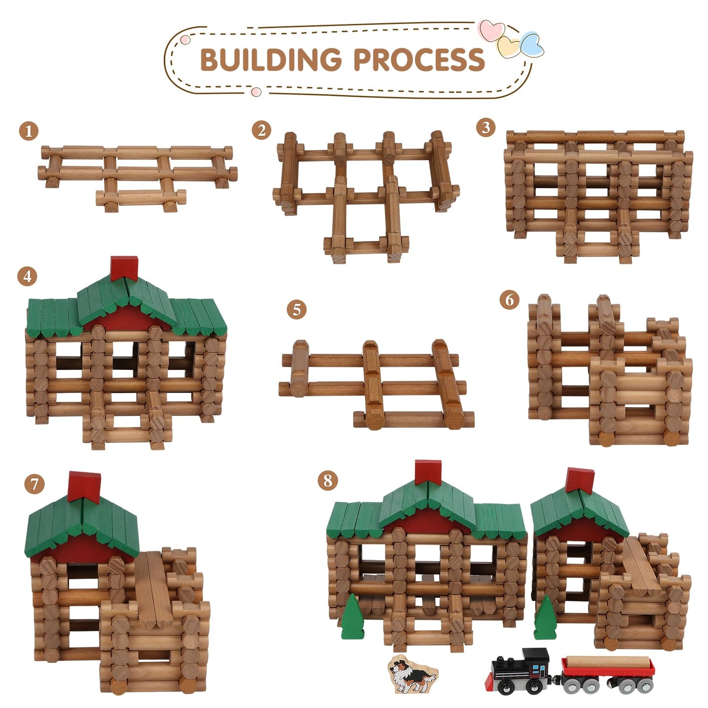 Wondertoys 208 Pcs Wooden Log Set - Classic Building Logs Ages 3+ - Best Retro Building Gift Set for Boys - Creative Construction Engineering Educational Gifts