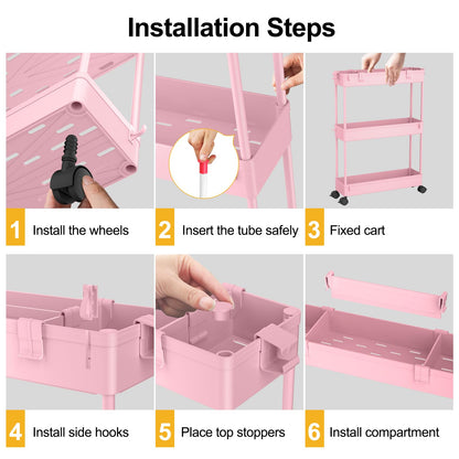 SPACELEAD Slim Storage Cart 3 Tier,Bathroom Organizer Rolling Utility,Mobile Shelving Unit Slide Out for Office, Kitchen, Laundry Room & Narrow Places,Pink