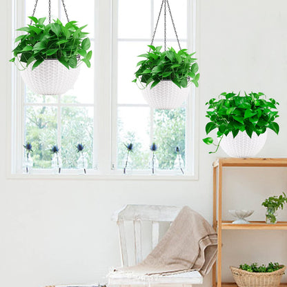 Foraineam 10.2 Inch Dual-pots Design Hanging Basket Planters Self-Watering Indoor Outdoor Hanging Flower Plant Pot with Drainer and Chain (White)