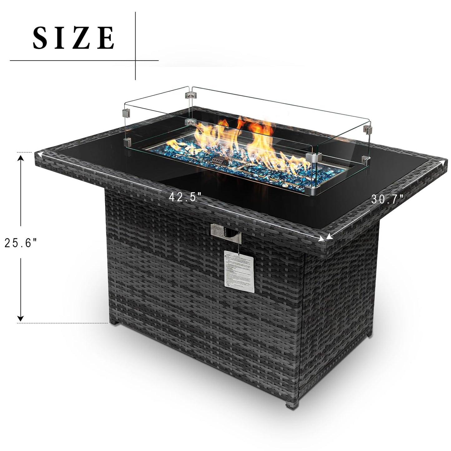 BULEXYARD PE Wicker 43" Patio Outdoor Propane Fire Pit Table with Waterproof Cover 55,000 BTU Auto-Ignition Gas Fire Pit Table with 8mm Tempered Glass Table Top and Glass Stone (Grey)