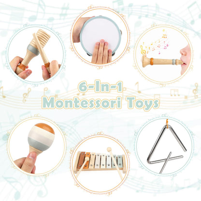 Musical Instruments - 6 in 1 Wooden Musical Toys for 2 3 Year Old Boy & Girls Birthday Gifts, Neutral Colors with Modern Boho Xylophone for Toddler Preschool Educational Toy for Baby 18+ Months