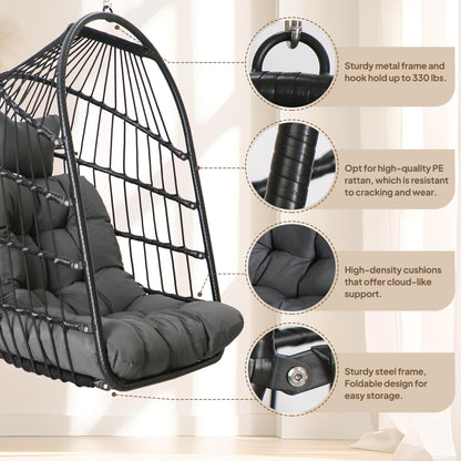 Chihee Egg Chair with Ultra Strong Stand and Cushion Foldable Wicker Rattan Hanging Chair Indoor Outdoor Patio Lounging Chair 330 lbs Capacity Balcony Porch Bedroom Garden