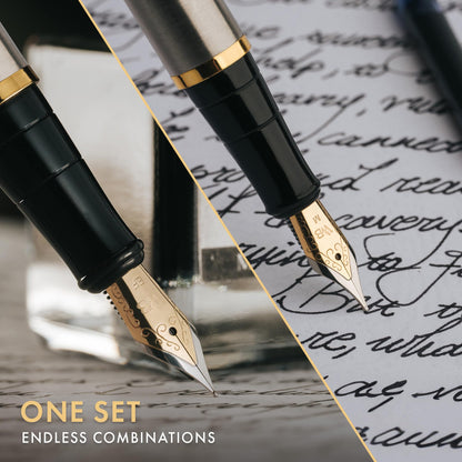 Wordsworth & Black Fountain Pen Set,18K Gilded Medium and Extra Fine Nib,25ML Black Ink Bottle,6 Ink Cartridges,Refill Converter,Gift Box,Smooth Writing Pens [Silver Gold],Gift Set for Men and Women
