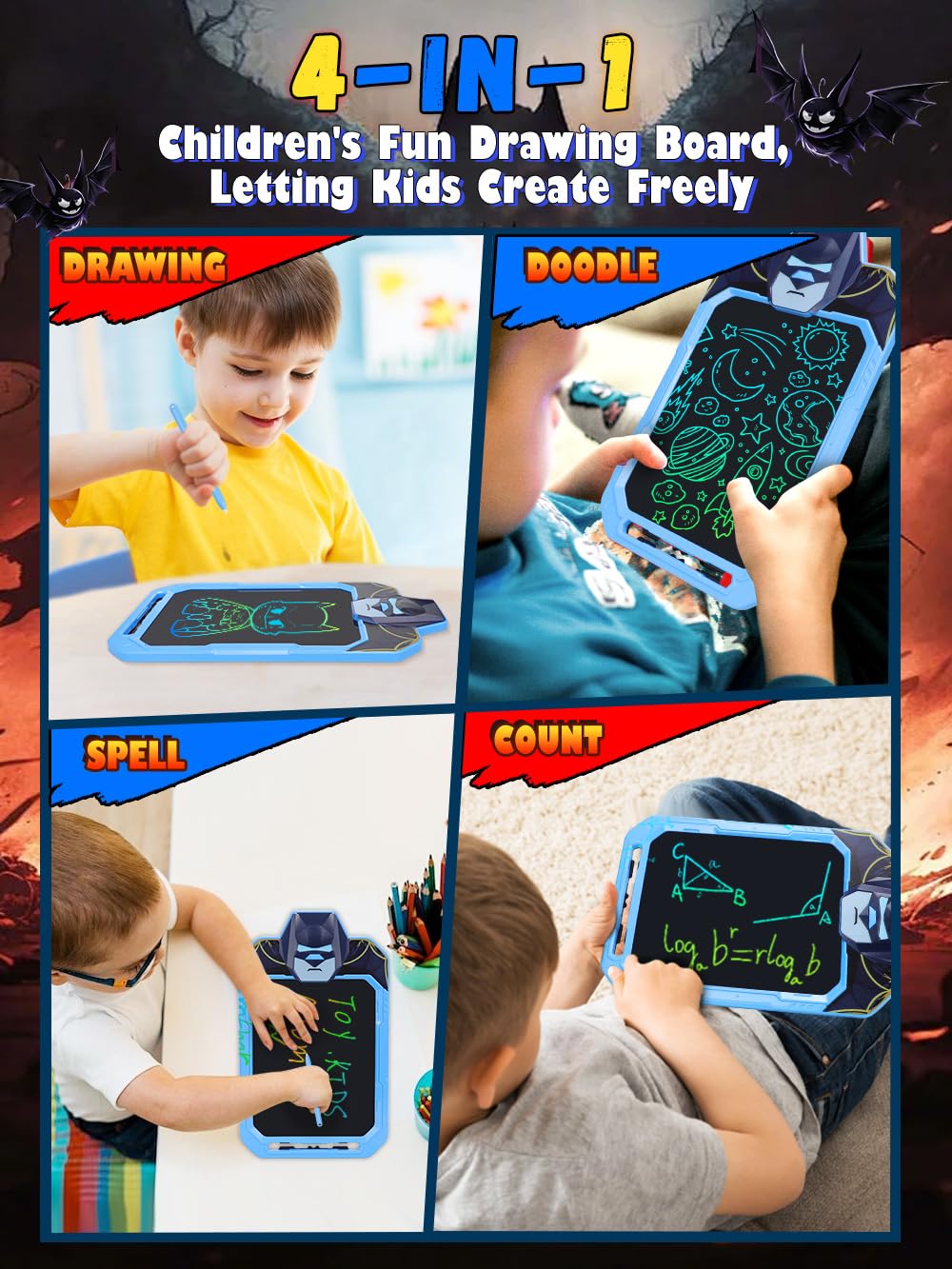 Fullware LCD Writing Tablet for Kids 10 Inch Bat Hero for Toddler 3 4 5 6 7 8 - Paint, Doodle Board, Drawing Pad - Travel Toys, Road Trip Car Activities, Birthday Christmas Gift Boys & Man