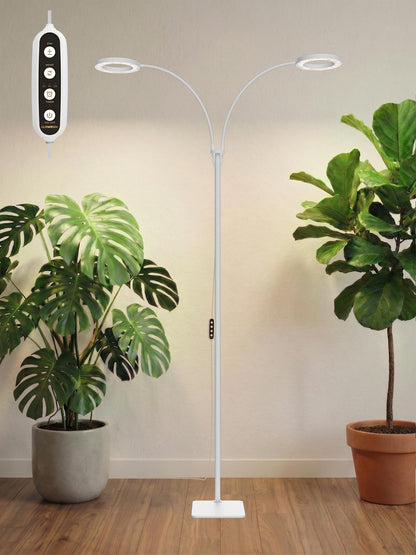 GLOWRIUM Grow Lights for Indoor Plants, 36W Full Spectrum 2-Head LED Plant Light with Stand, Adjustable Height, 3/9/12H Timer, 6 Dimmable Levels & 3 Lighting Modes (White-Double Head)