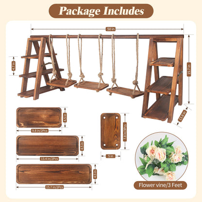 Wisreach Upgraded Large Wooden 3 Tier Swing Cupcake Stand with Flower Decor, Removable Trays, Foldable Ladder Display for Cake, Snacks, Fruit, Bread, Party & Catering Centerpieces