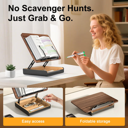 HUMANCOZY Book Stand with Storage, Book Holder for Reading Hands Free, Wooden Cookbook Stand for Kitchen Counter, Adjustable Reading Stand for Desk, Recipe Stand, Book Prop for Book Lovers