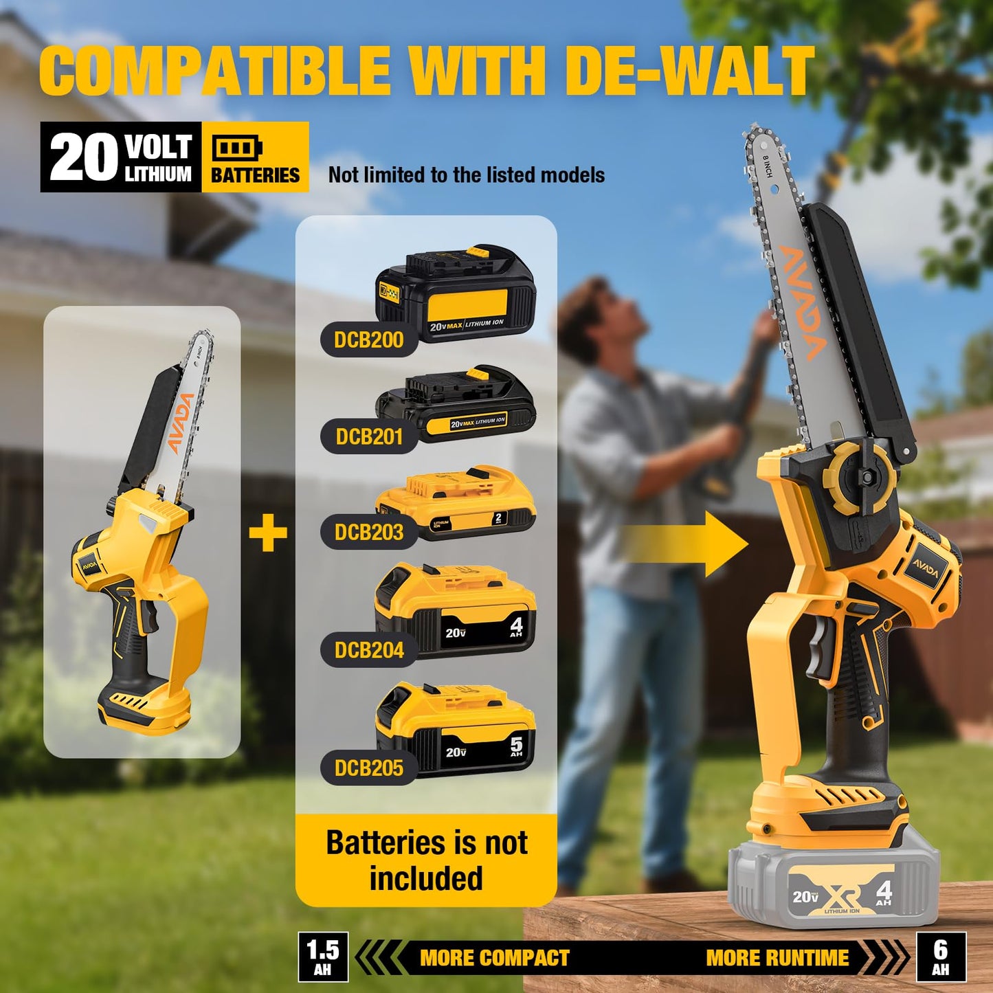 2-IN-1 Cordless 8-Inch Pole Saw & Chainsaw for De-WALT 20V MAX Battery - 1200W Brushless Motor, Total Reach of Max 15.9 FT, Lightweight, 8"&6"Electric Pole Saws for Tree Trimming Pruning (Tool Only)