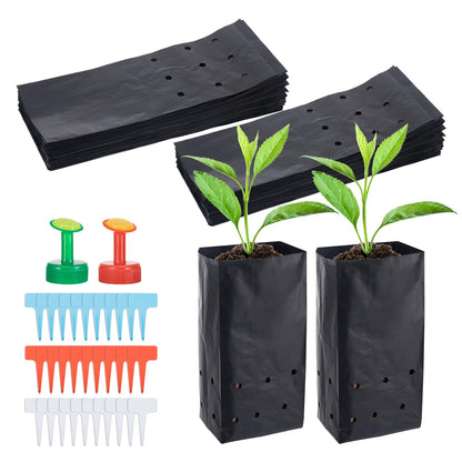 100 Pcs Nursery Growing Bags Seedling Starter Bags with 30 Plant Labels & 2 Mini Watering Sprinklers Plant Grow Bags Plants Pots Plastic Pouches for Garden Trees,Flowers, Vegetable(9.2x4.9x3.5 Inch)