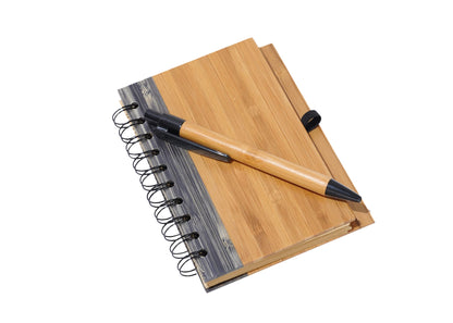 Bamboo Covered Notebook, Spiral Hardcover, Bamboo Ballpoint Pen, Diary for Students, Sketches, Writing, Lined Page, Arts & Crafts, Note-Taking, 70 Sheets, Recycled Product, Eco-Friendly Production