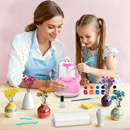 Mini Pottery Wheel for Kids - Pottery Painting Craft Kit with 2.3in Turntable, Clay, Flowers, Mess Free Arts and Crafts for Kid Ages 8-12, Birthday Christmas Gift Toy for Girls Ages 6-12+, Pink