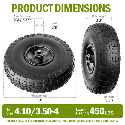 2 Pack 4.10/3.50-4 Tire and Wheel Flat Free, 10 inch Wheels 5/8" Bearings, 2.2" Offset Hub, Solid Tires for Garden Cart, Wheelbarrow, Hand Truck, Lawn Cart, Dolly, Wagon Wheels Replacement