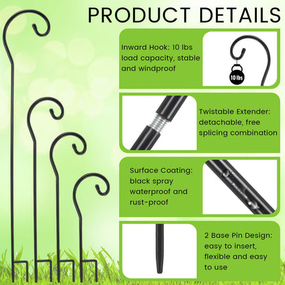 Hicarer 24 Pcs 18/25/31/46'' Adjustable Shepherds Hook Combination Outdoor Detachable Garden Metal Hook Stand for Hanging Bird Feeder Plant Mason Jars String Light Wind Chimes Wedding Decor