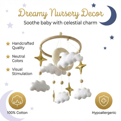 Emmnnic Baby Mobile for Crib - Handmade Modern Boho Baby Mobiles for Bassinet Felt Nursery Mobile Gender Neutral - Gold Moon and Stars - Girl Cribs Decorations