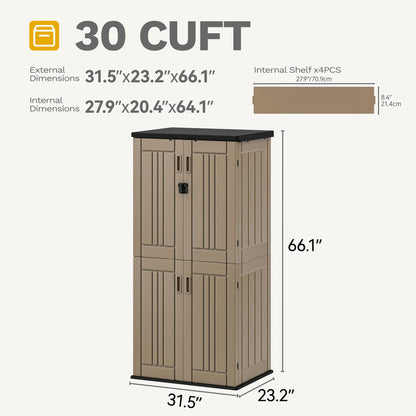 DWVO Outdoor Vertical Storage Shed with 4 Shelves, Waterproof Tall Plastic Storage Shed with 4 Adjustable Shelf, 30 cu. ft. Patio Tools Storage for Patio, Garden, Backyard, Deck, Brown