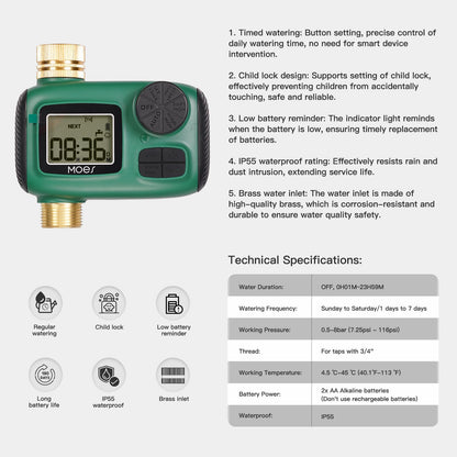 MOES Sprinkler Timer, Brass Inlet & Outlet, Programmable Automatic Irrigation Controller, Rain Delay, Manual Watering, 1 Zone Water Hose Timers for Gardens, Lawns, and Hose Systems