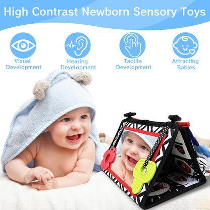 Autumety Tummy Time Mirror Newborn Toys: Black and White Infant Tummy Time Toys 0-3 0-6 6-12 Months Babies High Contrast Baby Toy with Book & Teethers Montessori Sensory Toy for Boy Girl Baby