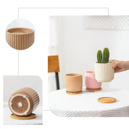 OMAYKEY 4 Inch Ceramic Plant Pot with Saucer, Adorable Stripe Multicolor Small Planters Pots with Drainage Hole & Mesh Pads for Succulent, Snake Plants, Cactus, Herbs - Set of 4