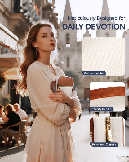BellaHold Quilted Vegan Leather Bible Cover, Color-Blocked Bible Cover Case for Women, Bible Carrying Case with Handle, Bible Study Supplies & Christian Gift for Women and Girls (White & Brown, TS/S)