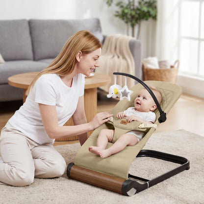 Foldable Baby Bouncer Seat - Portable Infant Bouncer with Adjustable Height, Khaki Polyester