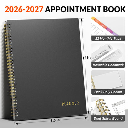 SUNEE 2026-2027 Appointment Book, Quarter-Hourly, Weekly & Monthly - from July 2026 to June 2027, 8.5"x11" Academic Planner, Flexible Cover, Note Pages, Bookmark, Spiral Binding, Black